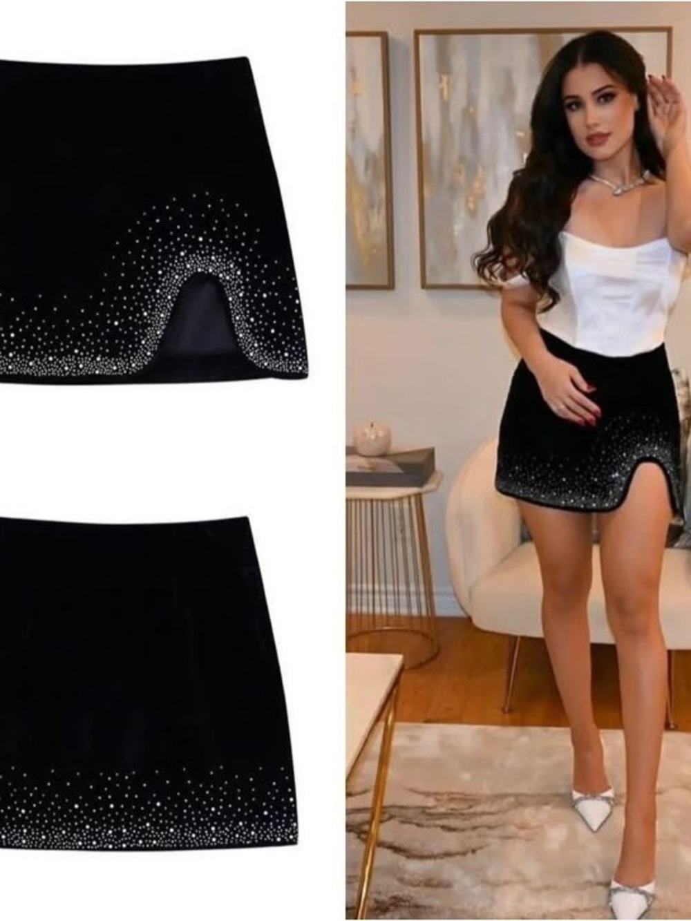 Zara Black Velvet Mini Skirt with Rhinestone Detail